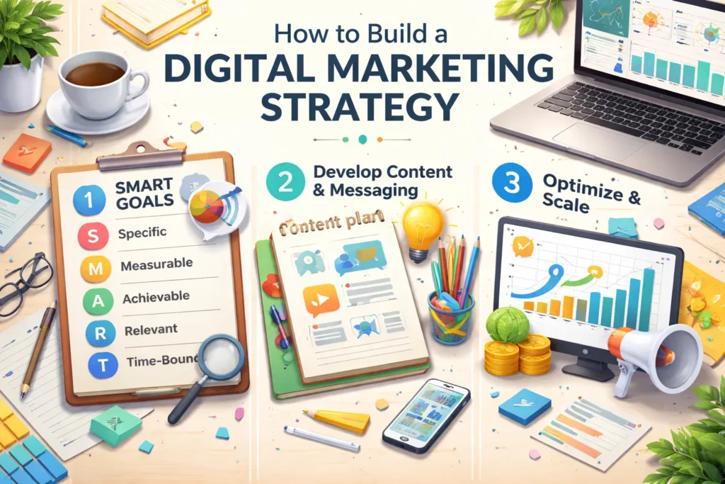 Digital marketing strategy planning workspace illustration