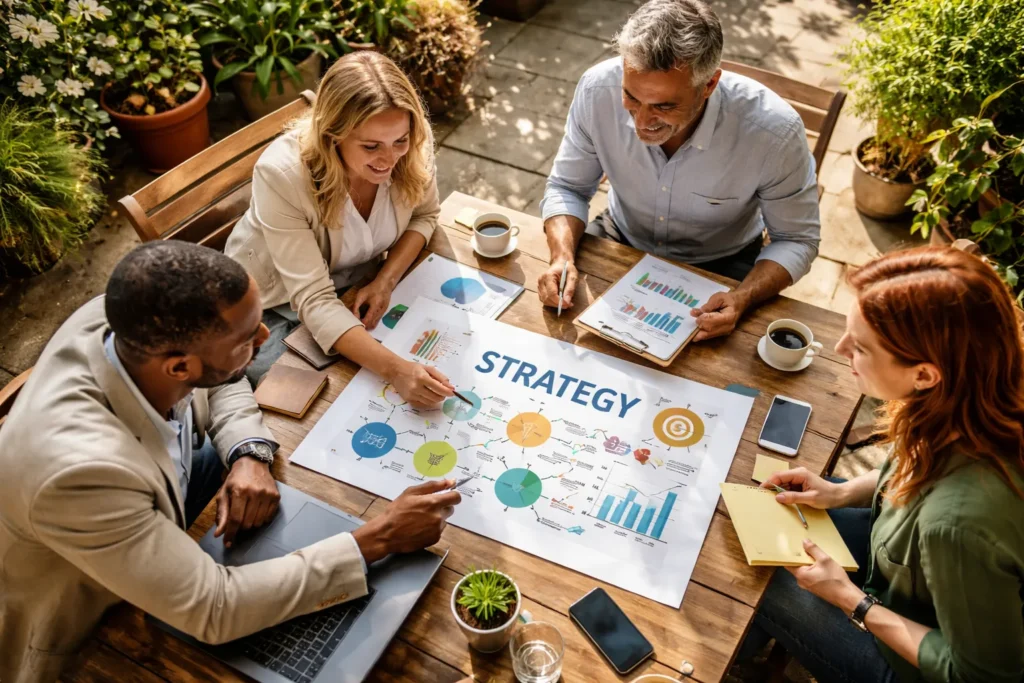 Team collaborating over strategic planning documents outdoors