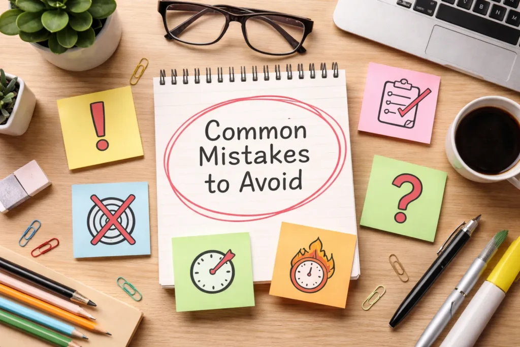 Desk workspace with notes and office supplies