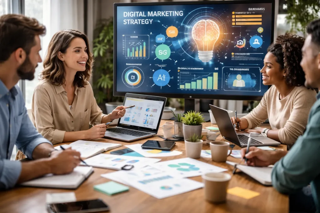 Team collaborating on AI-driven marketing strategy