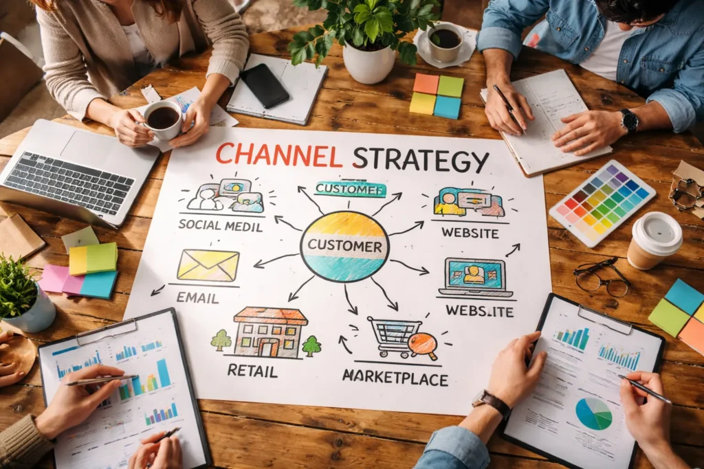 Team planning marketing channels with charts