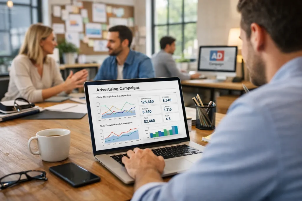 Professional marketer analyzing paid advertising campaign dashboard