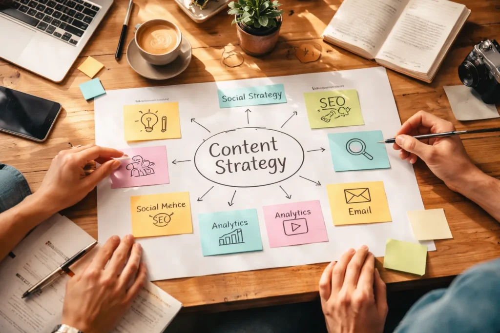 Team planning content strategy with sticky notes