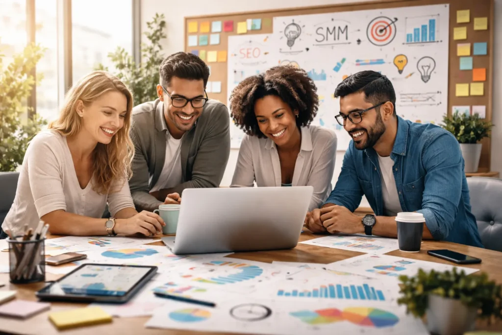Team reviewing online marketing analytics on laptop