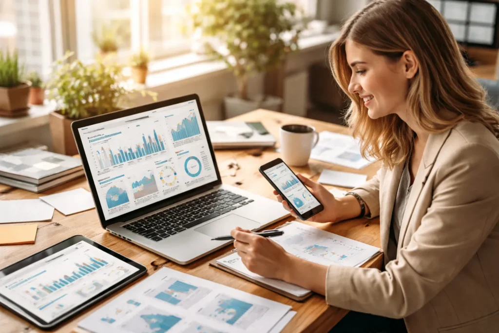 Professional reviewing marketing analytics on laptop and phone