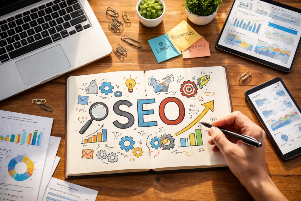 “Marketer tracking SEO progress on laptop.”