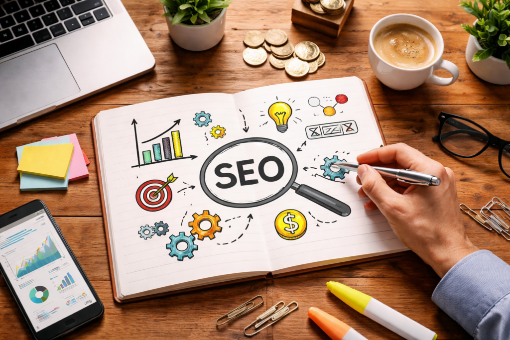 SEO planning notebook with analytics and coins