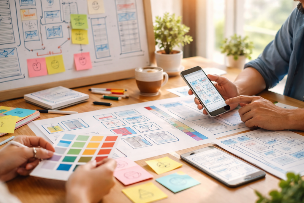 UX team collaborating on app design layout