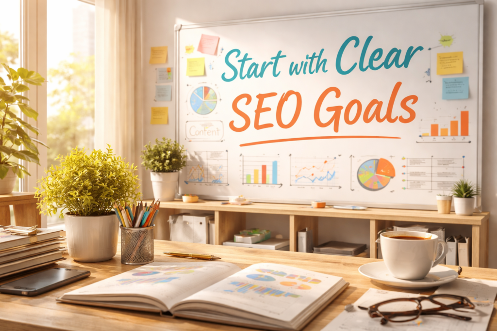 "SEO strategy planning on office whiteboard"