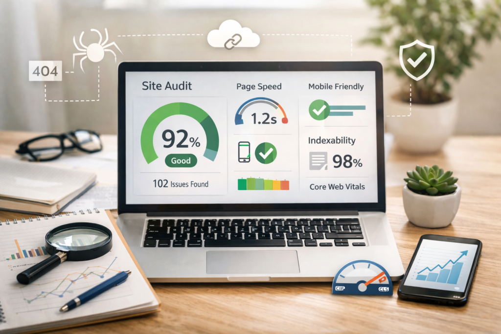 Laptop displaying technical SEO audit dashboard