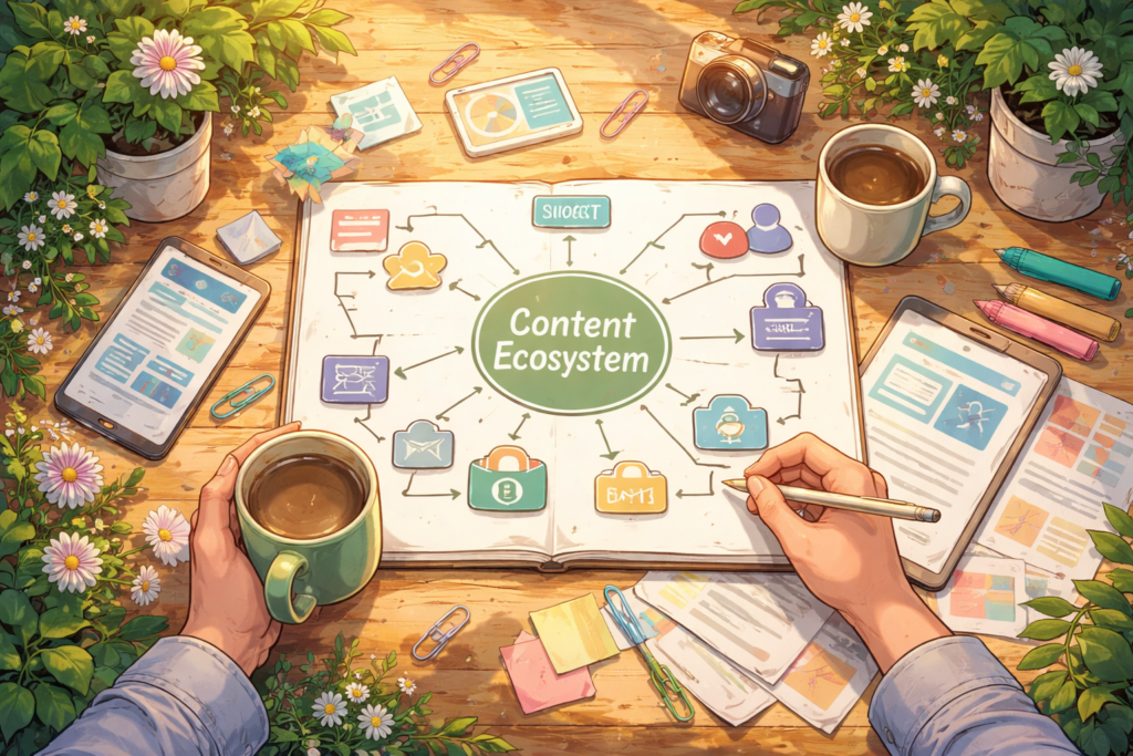 Top-view content ecosystem workspace illustration
