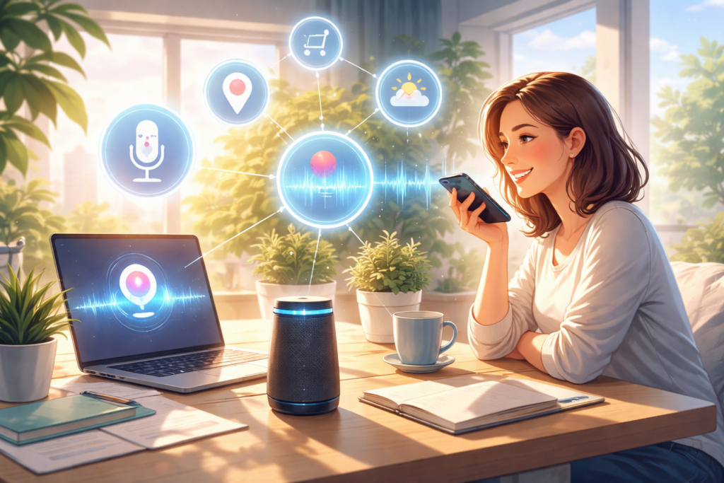 Woman using smartphone for voice search