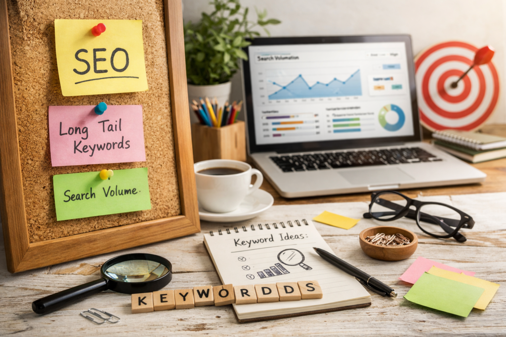 Keyword research workspace with analytics and notes