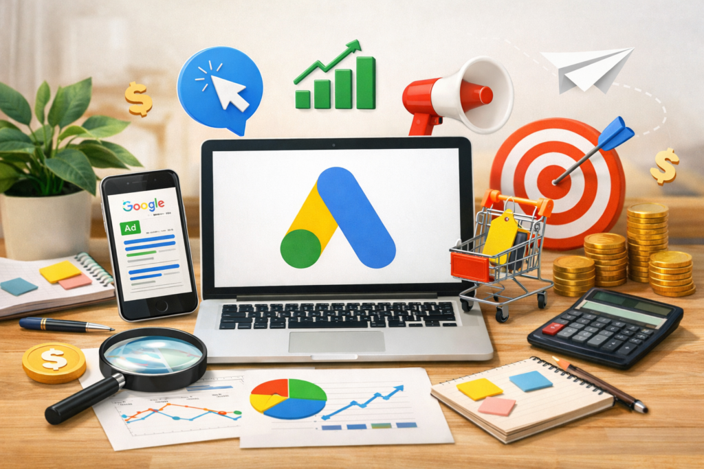 Digital marketing workspace with online advertising analytics visuals