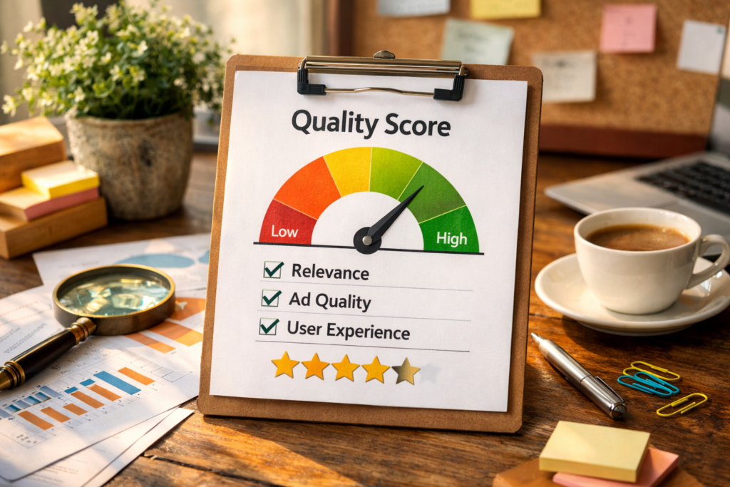 Professional workspace reviewing performance and quality metrics