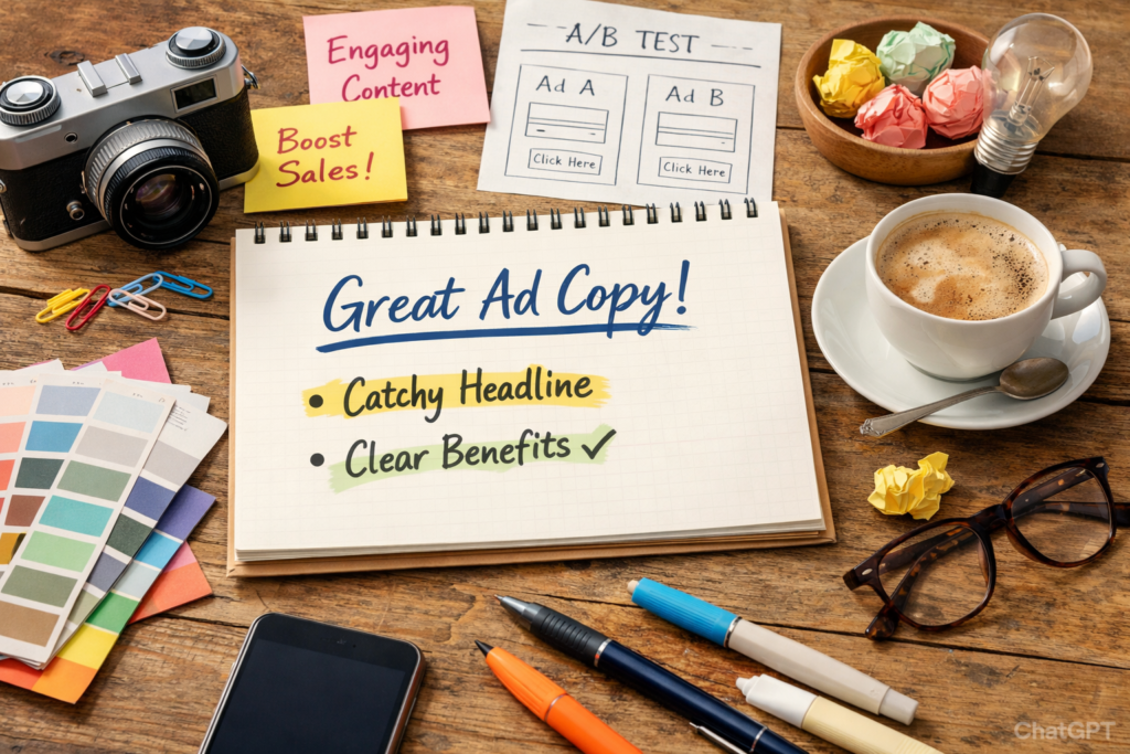 Creative ad copy brainstorming workspace desk