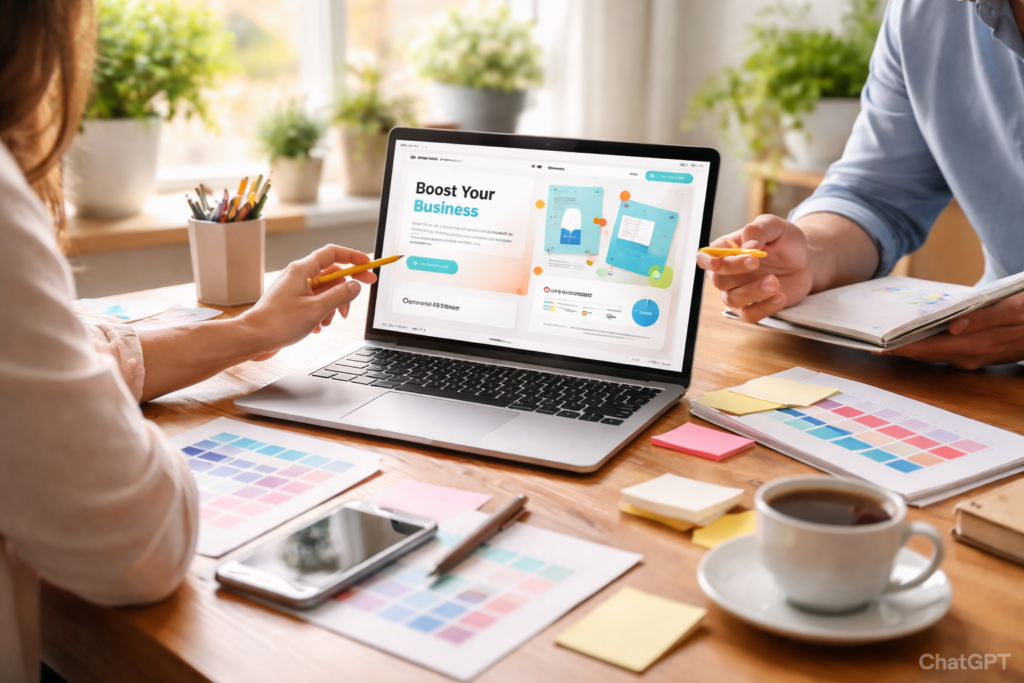 Team reviewing website landing page design