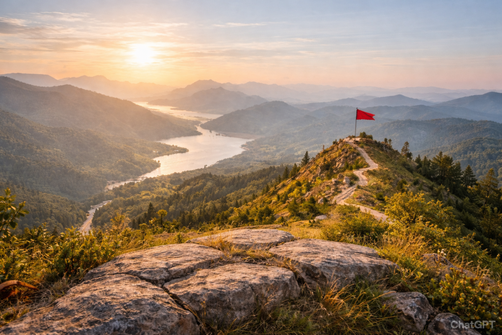 Golden sunrise over mountain valley river