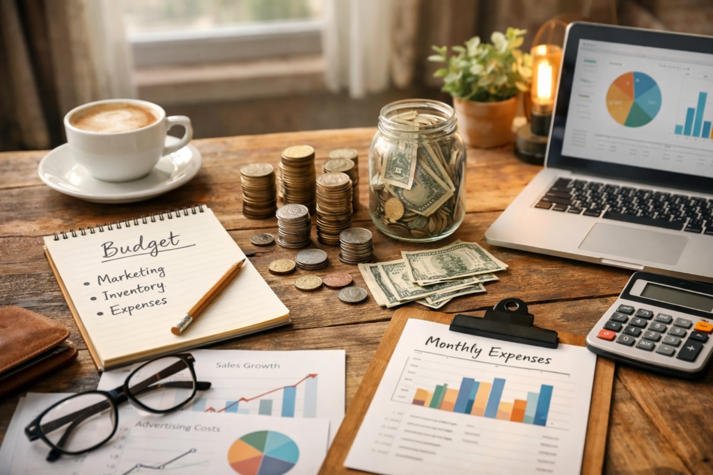 Small business budget planning desk scene