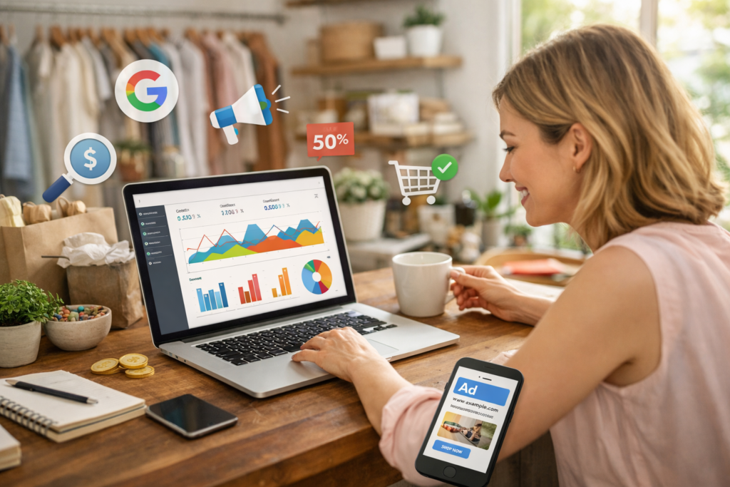 Small business owner analyzing Google Ads performance