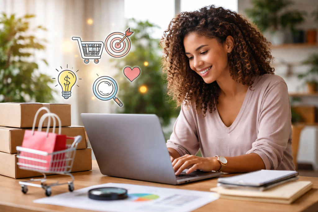 Woman analyzing online shopping and buyer intent