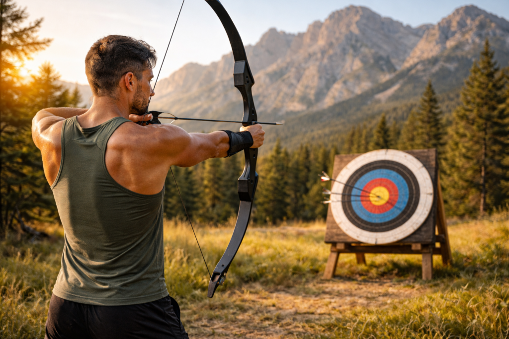 Man practicing archery at sunset outdoors