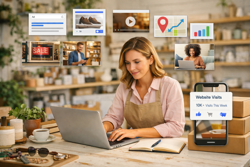 Woman managing online ads on laptop