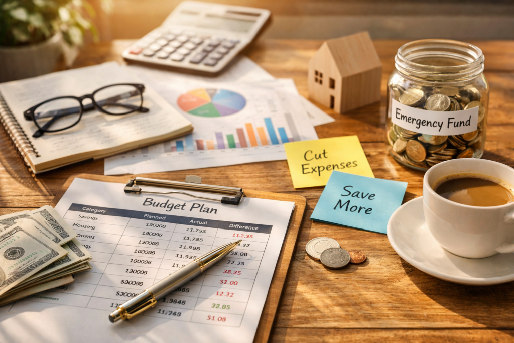 Financial planning desk with savings jar