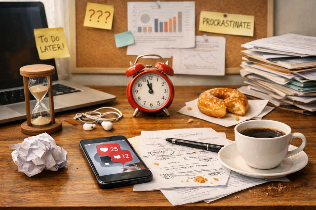 Cluttered desk with productivity distractions