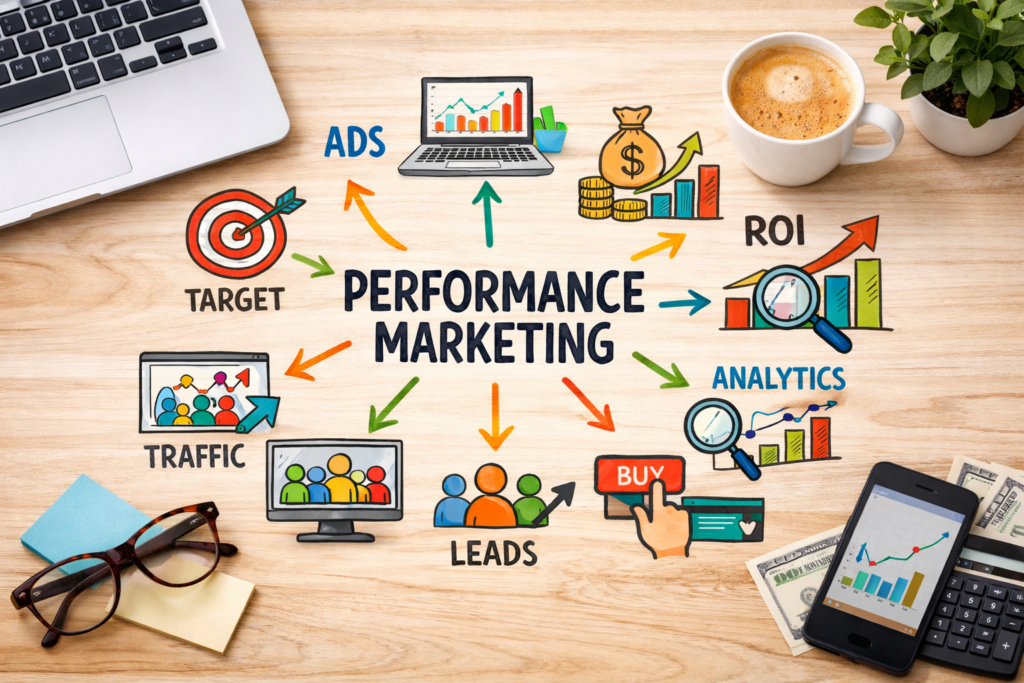 Performance marketing concepts on workspace desk