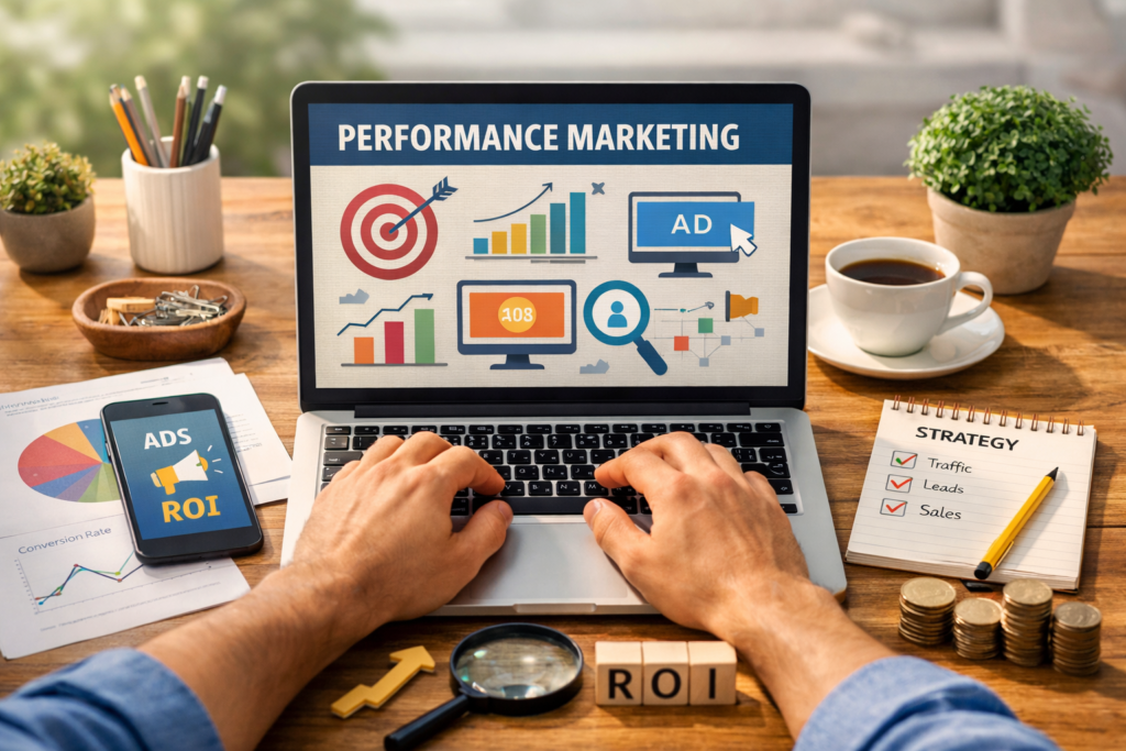 Hands analyzing performance marketing data visually.
