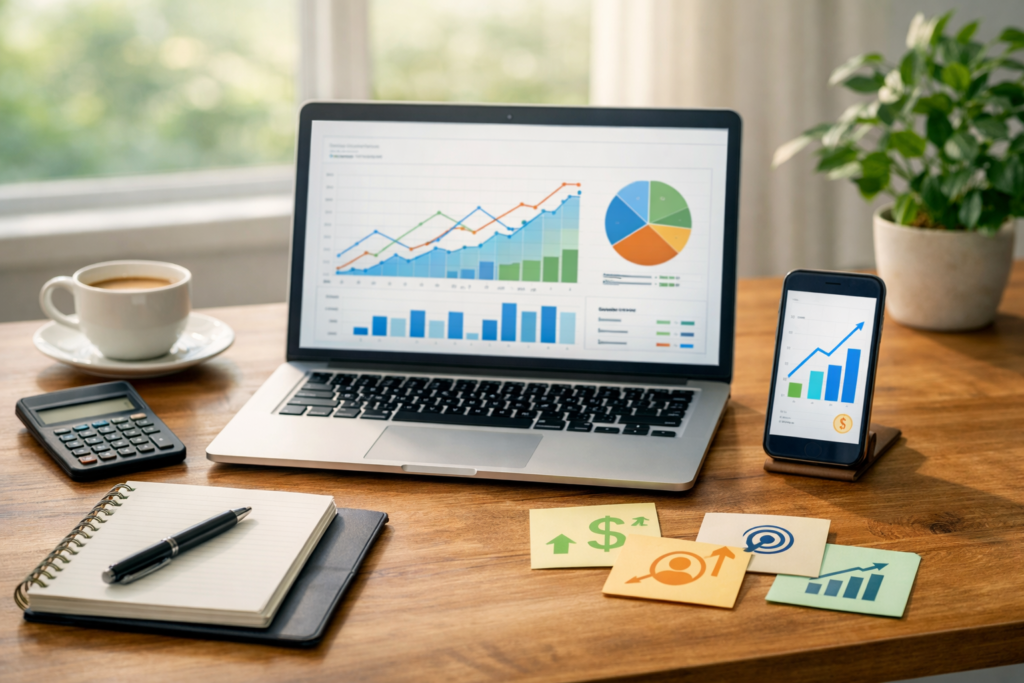 Performance marketing analytics on desk workspace