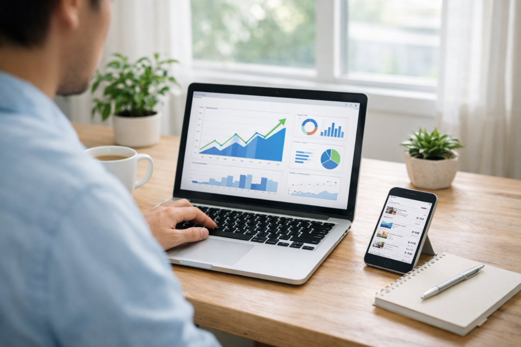 Marketing professional analyzing performance data dashboard