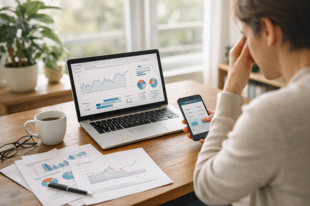 Marketer analyzing performance data at desk