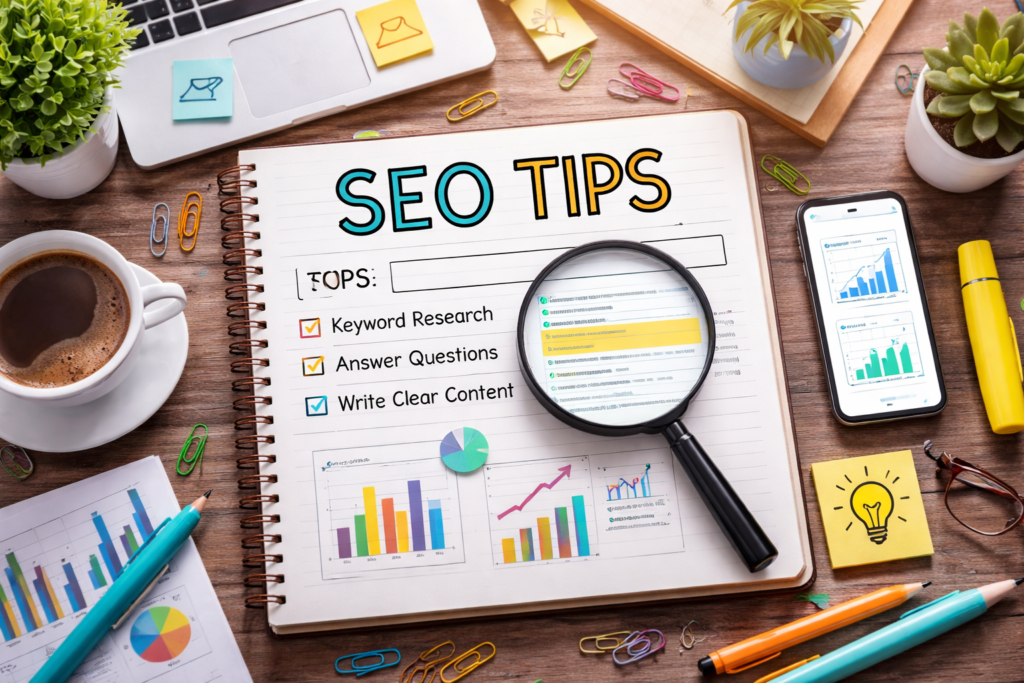 SEO planning workspace with charts and notes