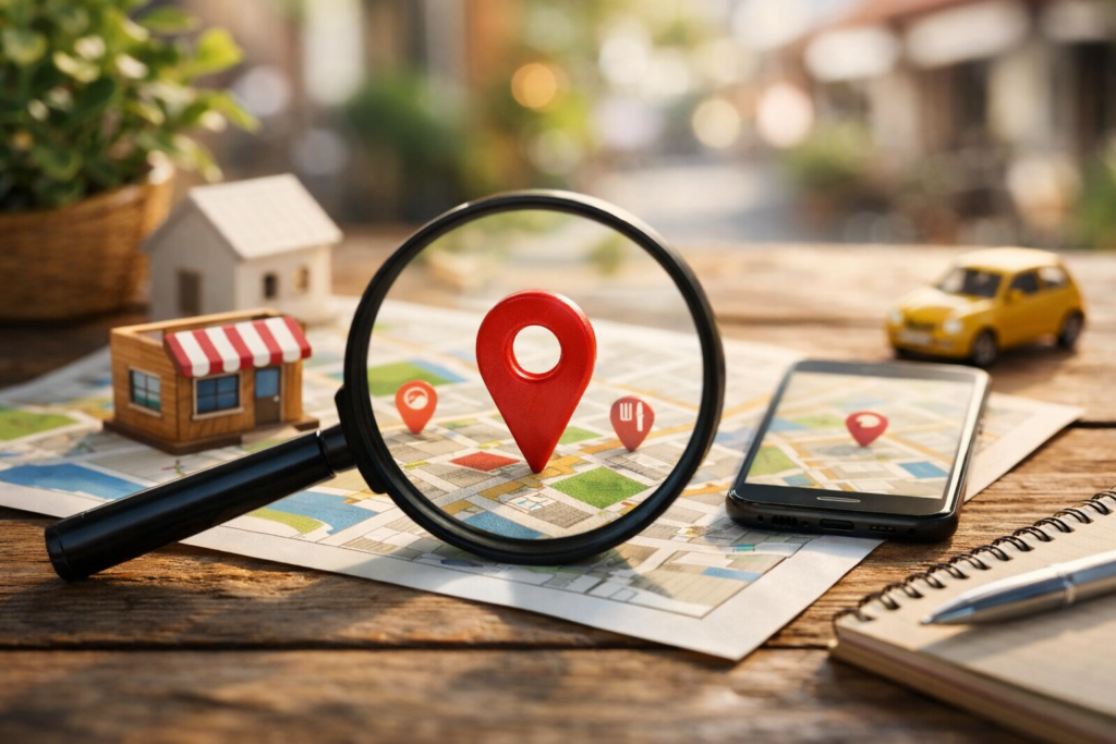 Magnifying glass on map with location pin