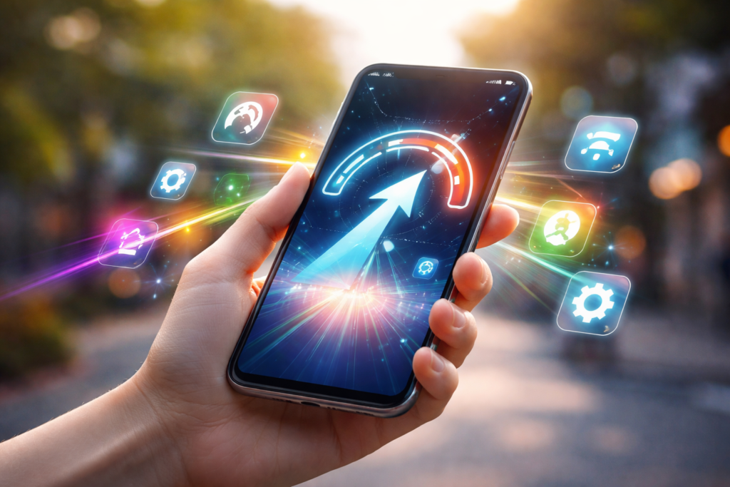 Hand holding smartphone with performance icons.