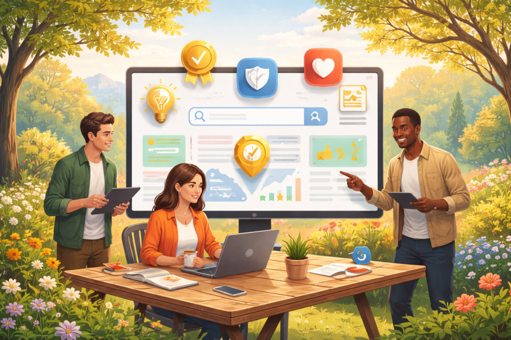 Team collaborating outdoors on digital analytics.