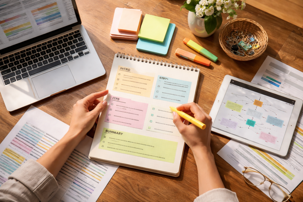 Structured content planning on organized desk