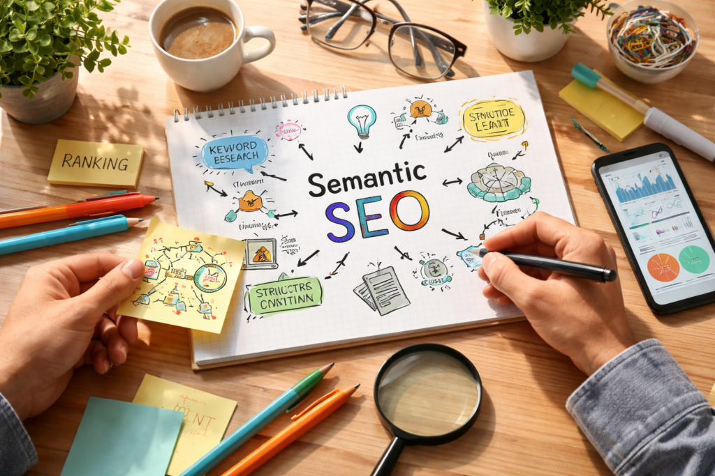 SEO planning notes with analytics on desk