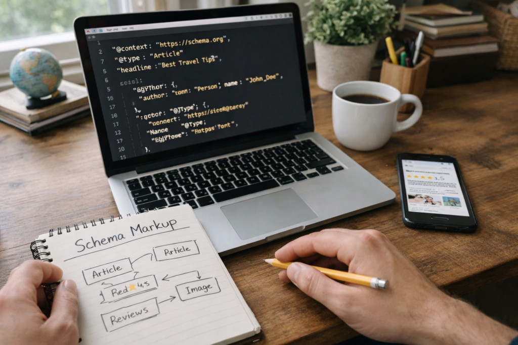 Marketers reviewing structured data on laptop