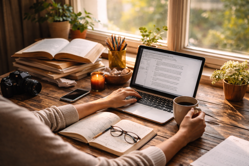 Writer working on laptop in sunlit workspace