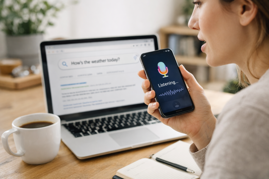 Woman using voice search on smartphone