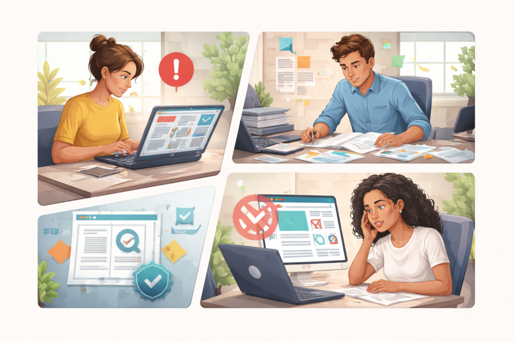 Realistic workspace scenes showing content strategy mistakes