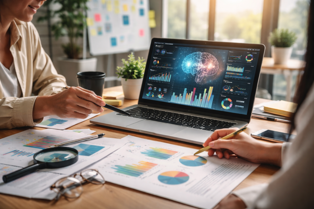 Professionals analyzing AI performance analytics dashboard