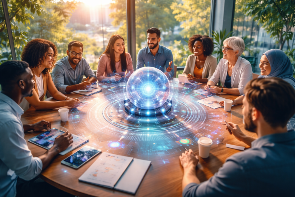 Team collaborating around futuristic AI data interface