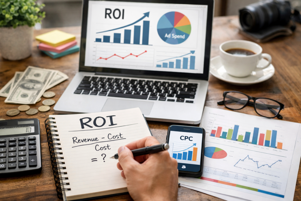 Workspace calculating advertising ROI with charts
