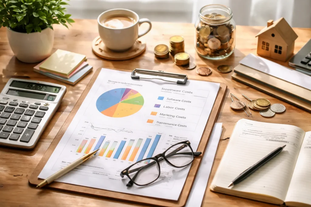 Workspace with documents, calculator, and coffee