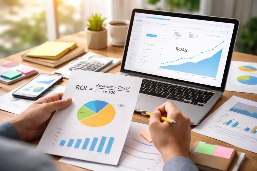 Workspace analyzing ROI with charts and graphs