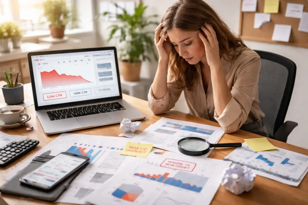 Stressed marketer reviewing poor ad performance data